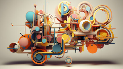 Illustrate a visually striking 3D digital composition, where abstract shapes and colors converge to create a sense of depth and intrigue. Emphasize the high level of detail and complexity.