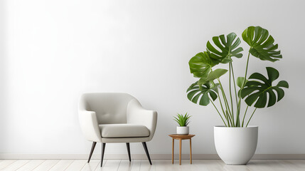White minimalistic living room with monstera plant and sleek chair