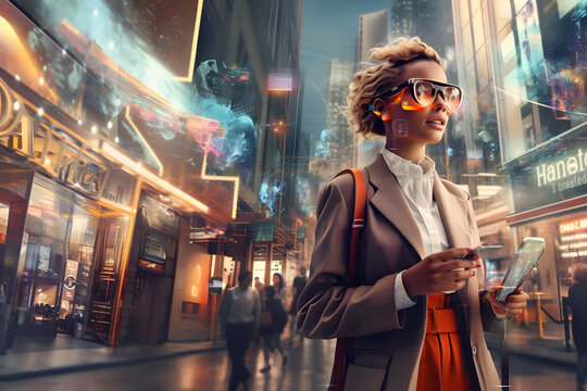 Confident Businesswoman in AR Glasses in Vibrant Metaverse Cityscape
