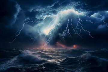 Thunderstorm, thunder and lightning. Storm at the coastline, stormy weather with dramatic night sky, dark clouds, lightning strikes and high waves. Natural disaster concept.