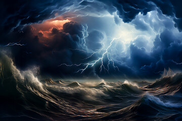 Thunderstorm, thunder and lightning. Storm at the coastline, stormy weather with dramatic night sky, dark clouds, lightning strikes and high waves. Natural disaster concept. - obrazy, fototapety, plakaty