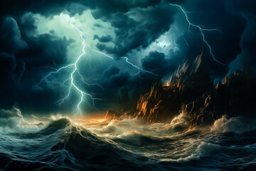 Thunderstorm, thunder and lightning. Storm at the coastline, stormy weather with dramatic night sky, dark clouds and lightning strikes. High waves hits the cliffs. Natural disaster concept.