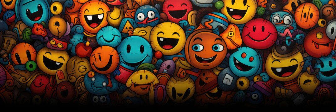 Funny faces of monsters with different emotions, in the style of colored graffiti. Horizontal banner
