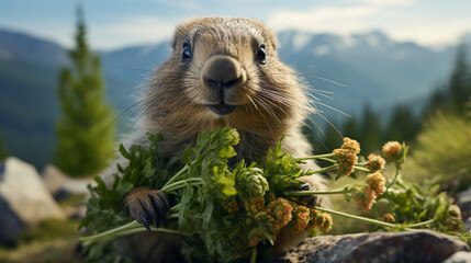 A marmot nibbling on a nutritious piece of vegetation, surrounded by a pristine alpine landscape in full splendor - obrazy, fototapety, plakaty