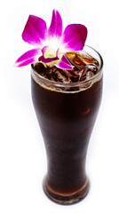 Iced americano in long glass on white background.
