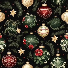 Christmas ornaments and decoration seamless pattern, holiday Christmas tree baubles, tileable country style print for wallpaper, wrapping paper, scrapbook, fabric and product design, generative ai