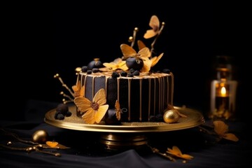 Fototapeta na wymiar Delicious cake with golden decorations on a dark backdrop. Generative AI
