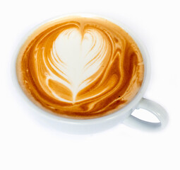 Cup hot latte art on white isolated.