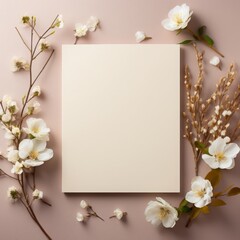Autumn background with dried flowers, leaves and blank sheet of paper