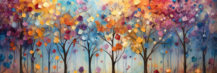 Colored autumn trees abstract background in painting style. Horizontal banner