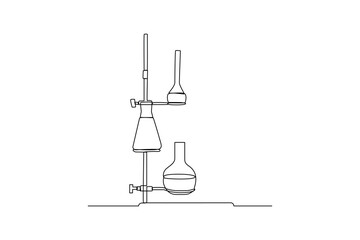 Glasswares stand in laboratory. Laboratory minimalist concept, drawing by simple continuous line. Laboratory element, laboratory activity, black and white background, simple line.