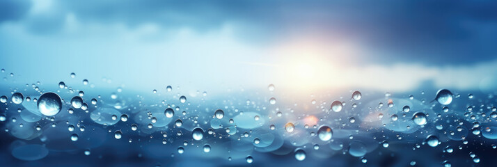 abstract water drops on blue background. Horizontal banner. Copy space for text - obrazy, fototapety, plakaty