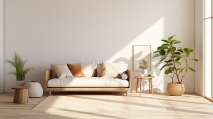 Fototapeta na wymiar The sofa is neatly made, and the room feels inviting. Add a small houseplant on the bedside table