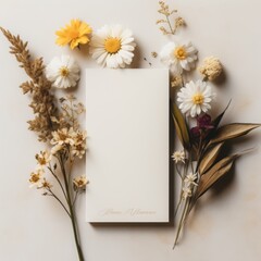 Autumn background with dried flowers, leaves and blank sheet of paper