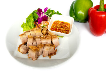 Top view crispy pork on white background.