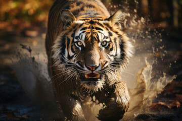 Running tiger with open mouth hunting in the forest