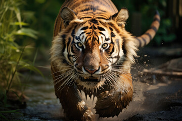tiger runs with an open mouth, a predator hunting in the forest