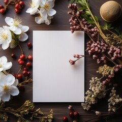 Autumn background with dried flowers, leaves and blank sheet of paper