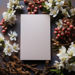 Autumn background with dried flowers, leaves and blank sheet of paper