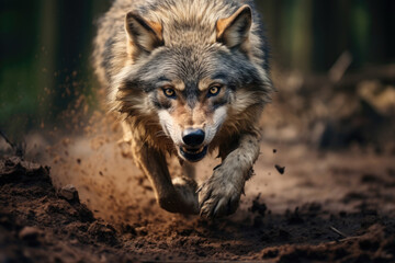 Running wolf with open mouth, predator in the forest - obrazy, fototapety, plakaty