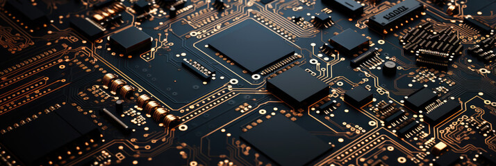 Circuit board with components, electronics abstract background. Horizontal banner - obrazy, fototapety, plakaty