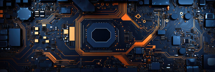 Fototapeta premium Circuit board with elements, electronics background. Horizontal banner