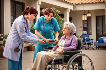 Obraz premium A doctor and a nurses provide health care to an old woman sitting in a wheelchair in the hospital courtyard