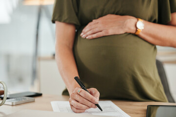 Businesswoman, pregnant and writing on document in office for information, maternity leave or insurance with contract. Female person, mother and hand on stomach for comfort, love and caring for baby - obrazy, fototapety, plakaty