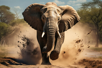 Portrait of a young running elephant - obrazy, fototapety, plakaty