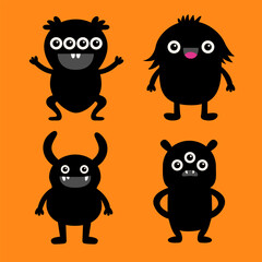 Happy Halloween. Black monster set. Cute monsters with different emotions. Cartoon kawaii boo baby character. Funny face head. Childish collection. Orange background. Flat design.