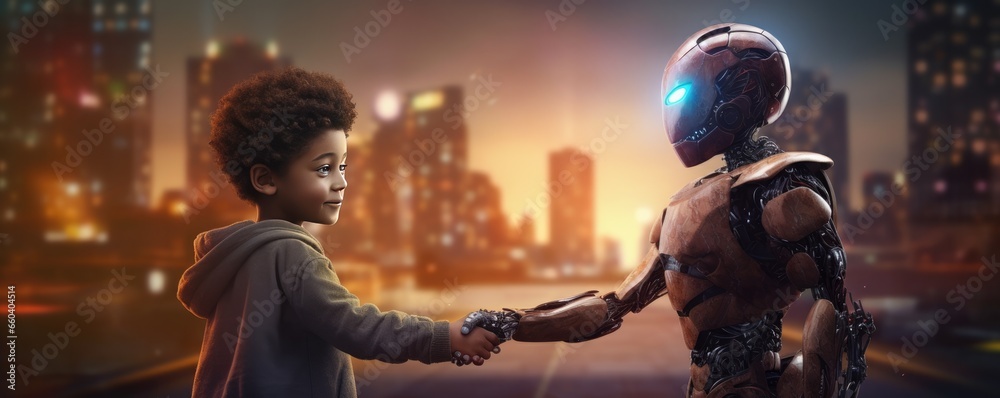 Wall mural back to school concept, human kid use robot for simplifying life with ai banner panorama generative 
