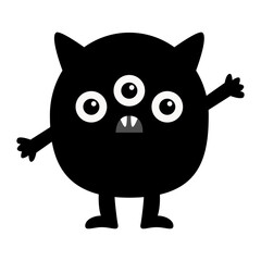 Kawaii monster. Happy Halloween. Black silhouette monsters. Cute face head with ears, fangs. Cartoon funny kids boo baby character. T-shirt design. Flat design. White background.