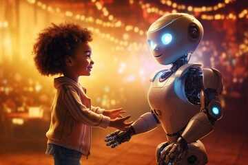 Fototapeta na wymiar Back to school concept, human kid use robot for Simplifying life with ai Generative Ai