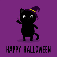 Black cat kitten kitty waving hand. Witch hat cap. Happy Halloween. Cute cartoon kawaii funny character. Baby pet animal collection. Flat design. Violet background. Isolated.