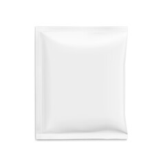Sachet mockup. Hyper realistic. Vector illustration isolated on white background. Flat lay view. Packaging for cosmetic, food, pet. Ready for your design. EPS10.