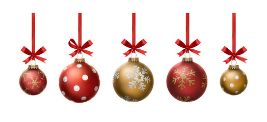 A collection of small and large red and gold Christmas baubles hanging from red ribbon and bow with snowflake glitter patterns on them isolated against a transparent background - obrazy, fototapety, plakaty