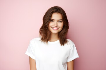 Portrait of a cute fictional white teenager girl smiling candidly. Isolated on a plain colored background. Generative AI. 