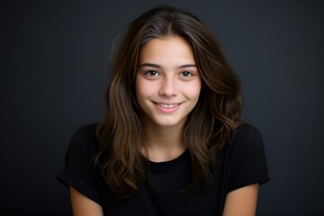 Fototapeta premium Portrait of a cute fictional white teenager girl smiling candidly. Isolated on a plain colored background. Generative AI. 