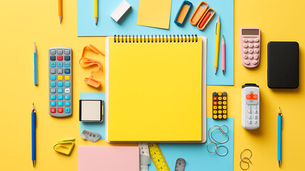 School supplies like notebooks, pencils, correctors, marker pens, binder clips, stapler, calculator  - obrazy, fototapety, plakaty
