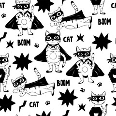 Funny seamless pattern with cat super hero in hand drawn doodle style