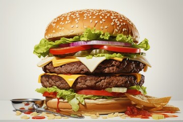 A substantial meal featuring a burger, viewed from the front, against a white backdrop. Generative AI