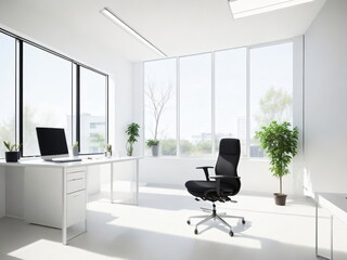 A sleek, modern, open space office with a spacious and tidy aesthetic. Minimalist, bright and airy atmosphere with large windows and white walls