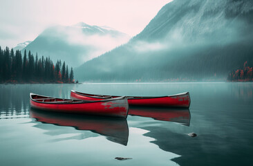 Red canoe on the lake with mountains in the background at sunrise.