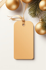 Christmas tag mockup with cord, close up on natural tree branch, with Christmas decoration, Christmas sale concept. Blank paper label product tag mockup