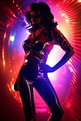 Naklejka premium Female Disco dancer in bright neon lights