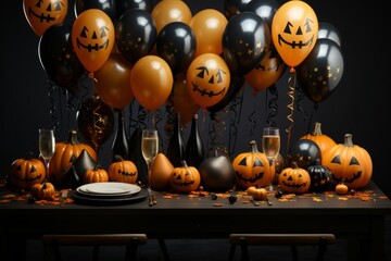 Halloween party table with spooky decorations and orange and black balloons, perfect for a night of frights and fun, Generative AI