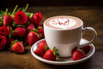 A Beautifully Crafted Strawberry Vanilla Latte Served in a Classic Ceramic Mug, Surrounded by Fresh Strawberries and Vanilla Beans under Soft Morning Light