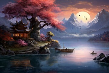 A picturesque artwork showing a dwelling beside a serene water body accompanied by a vessel. Generative AI