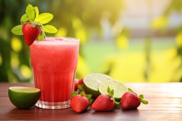 A Refreshing Glass of Homemade Strawberry Limeade, Perfectly Garnished with Fresh Strawberries and Lime Slices, on a Rustic Wooden Table in a Sunny Garden Setting