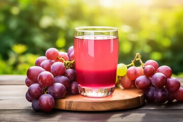 A Refreshing Glass of Homemade Apple Grape Juice Served on a Rustic Wooden Table, with Fresh Apples and Grapes in the Background